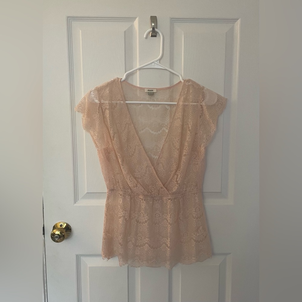 Sheer, lace, v-neck top by Fossil, size S